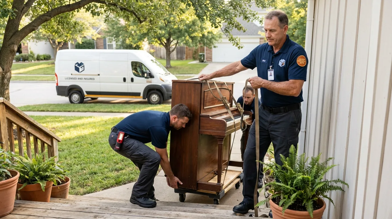 Licensed piano movers securing grand piano in Royalton, IL