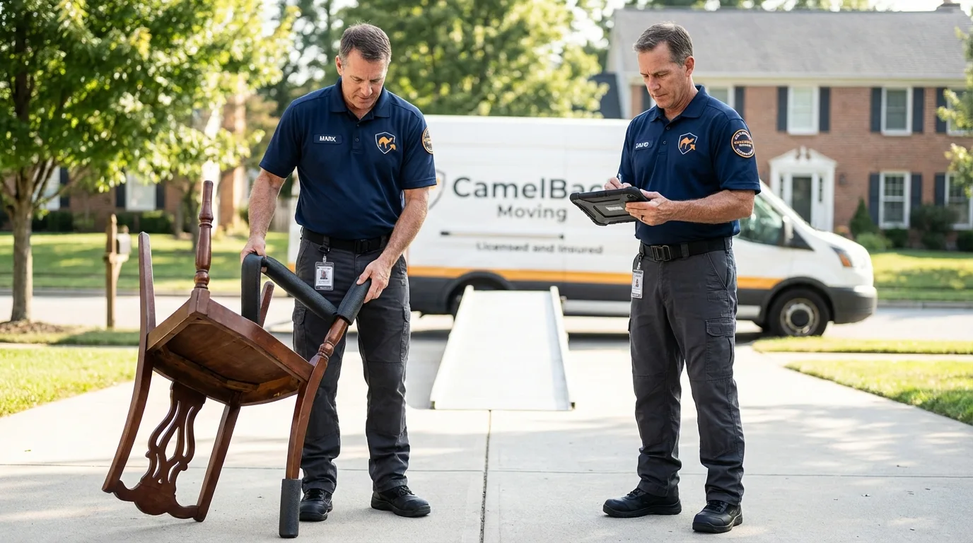 Movers inspecting furniture for damage prevention before loading in Royalton, IL