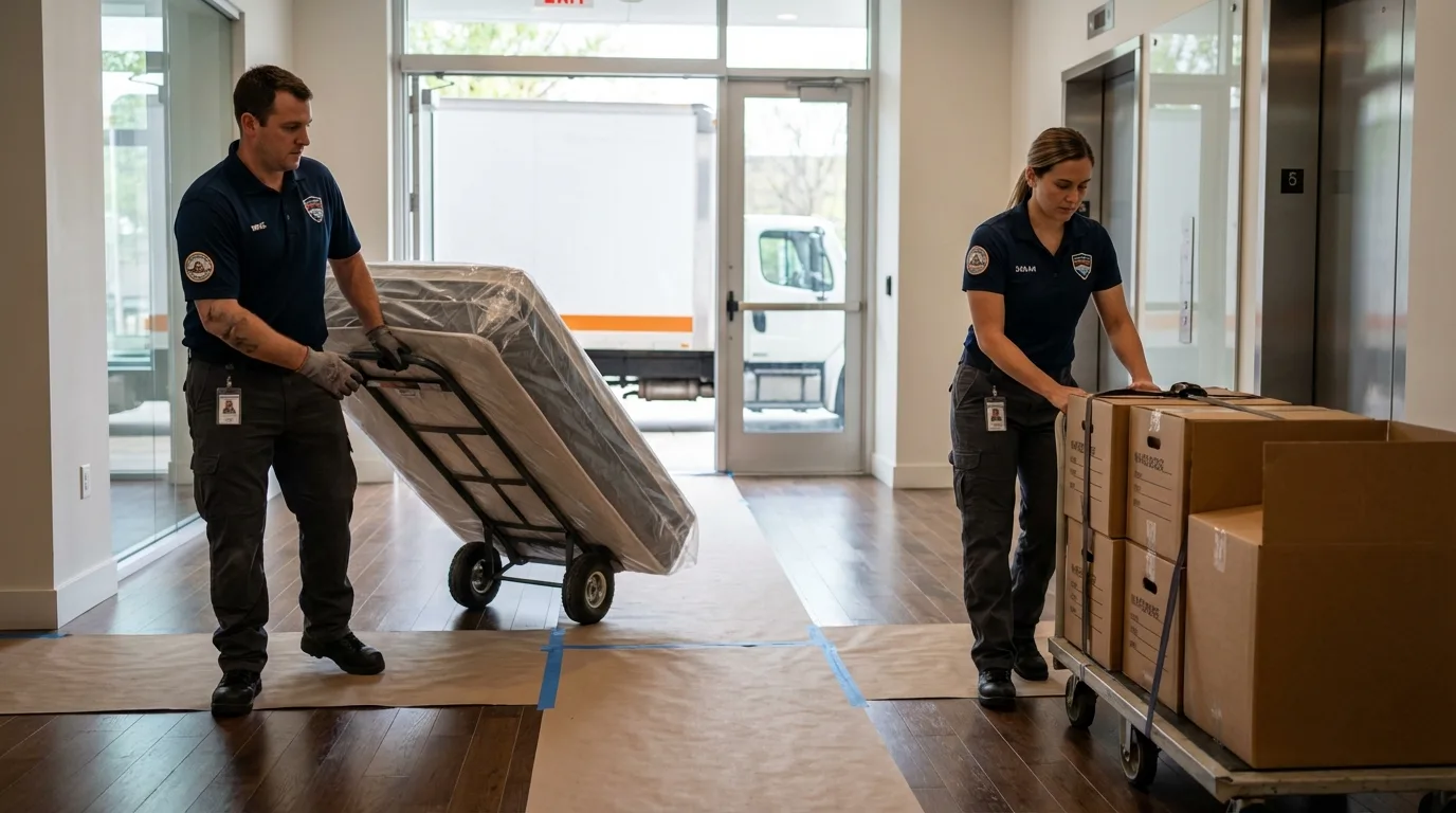 Professional apartment movers loading elevator in Royalton, IL