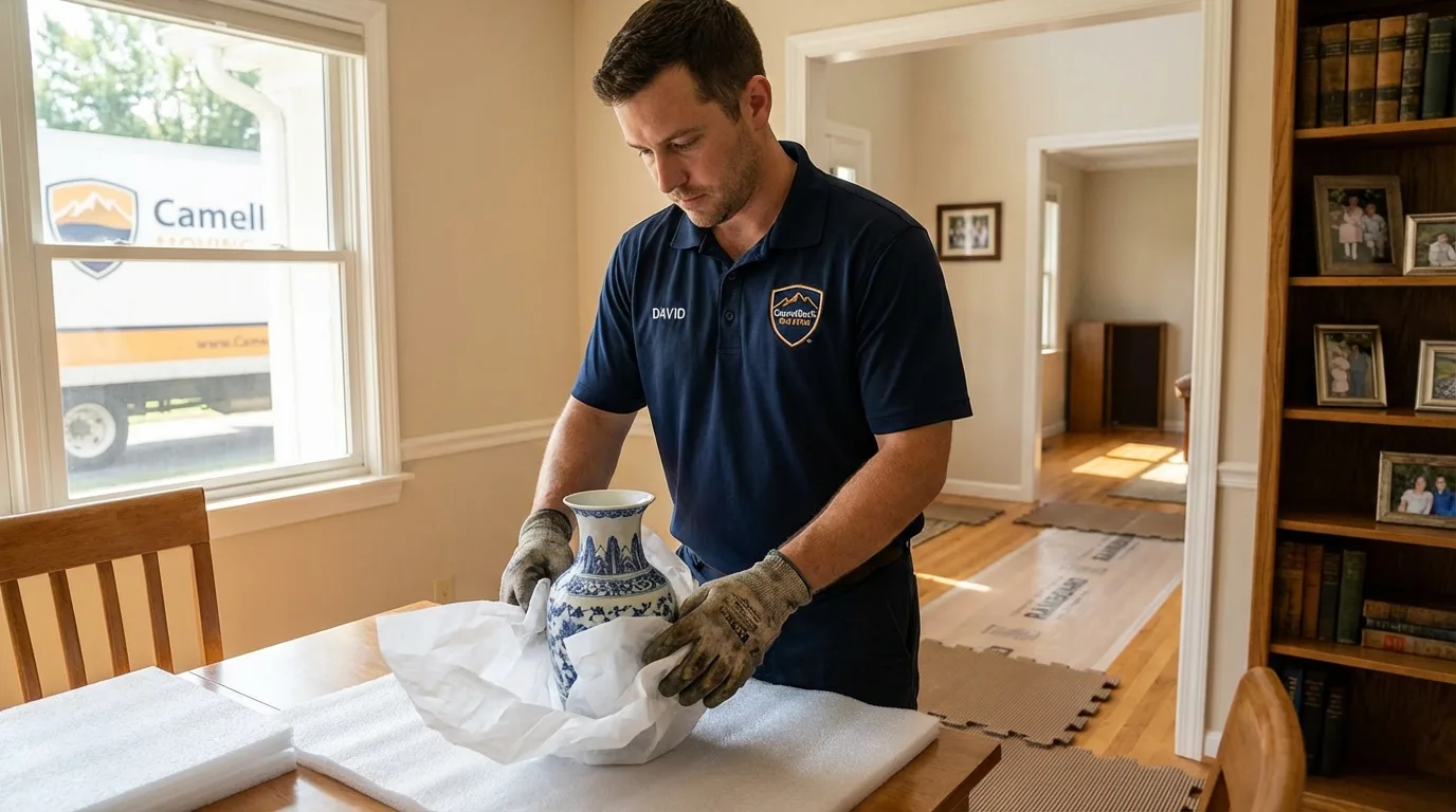 Professional crew carefully wrapping antique vase for senior downsizing move in Royalton, IL